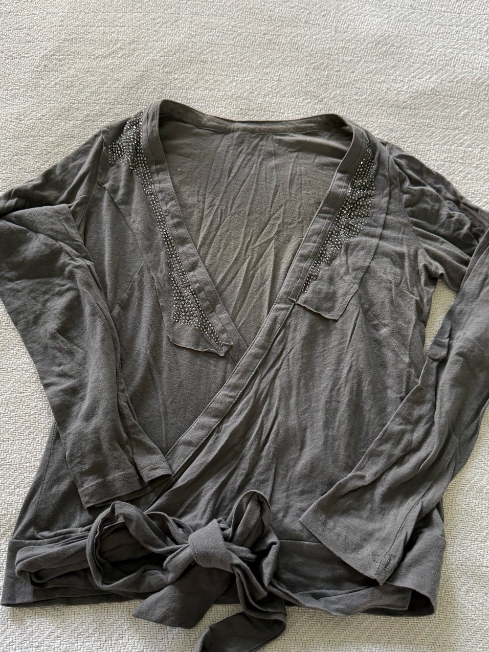 Women’s Long Sleeve Tie-Front Wrap Tee in Charcoal with Stud Accents